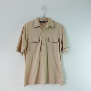 VINTAGE Tan Combed Cotton Polo Shirt Mens Beige Medium Pockets Retro CAREER CLUB